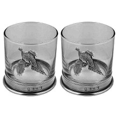 English Pewter Pheasant Whisky Glass Double Tumbler Set