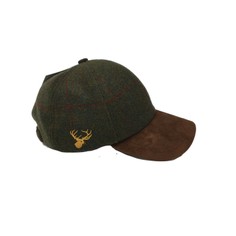 Stag Head Olive Green Tweed Leather Peak Cap