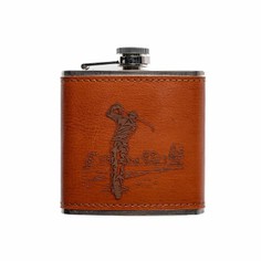 The Just Slate Company Golf Scene Engraved Leather Wrapped Hip Flask