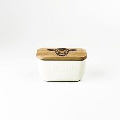 Scottish Made Jersey Cow Oak and Ceramic Butter Dish