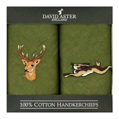 Pair of Embroidered Stag and Hare Handkerchiefs