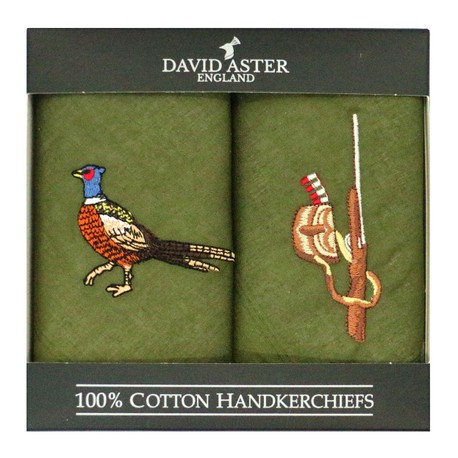 Pair of Embroidered Pheasant and Gun Handkerchiefs