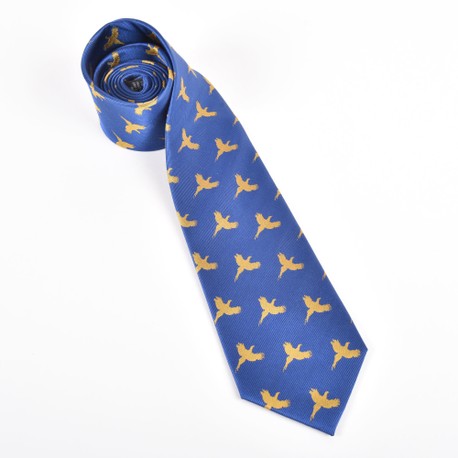 Blue luxury woven Silk Country Tie with flying mallard ducks 