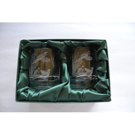Pair of Pheasant and Reeds Whisky Glasses