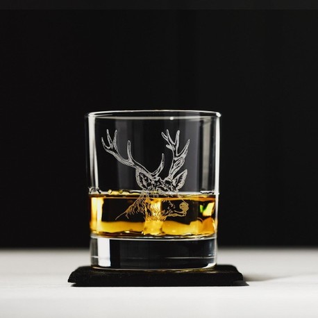 The Just Slate Company Etched Stag Whisky Glass and Slate Coaster