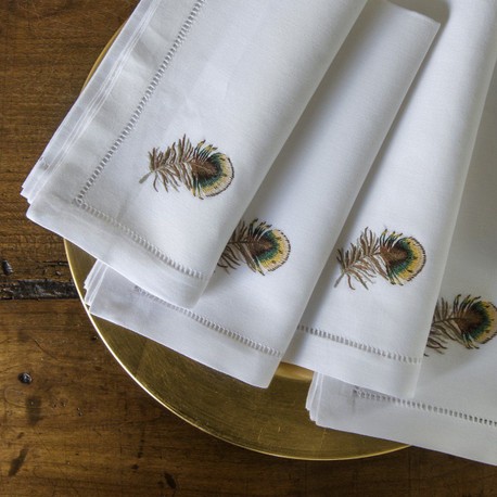 Sibona Pheasant Feather Hand-Embroidered Napkins