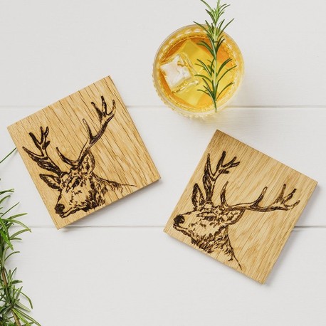 Scottish Made Oak Set of 2 Stag Coasters