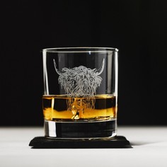 Just Slate Company Etched Highland Cow Whisky Glass and Slate Coaster