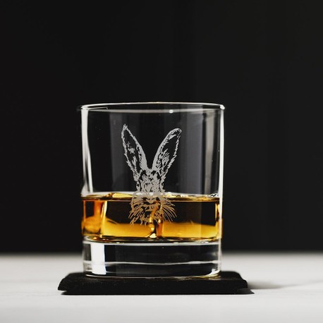 Just Slate Etched Hare Whisky Glass Tumbler and Slate Coaster