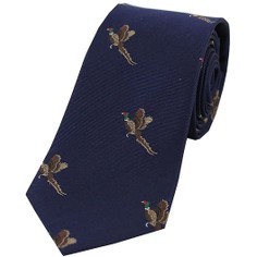 Soprano Navy Blue Luxury Silk Tie With Flying Pheasant Design