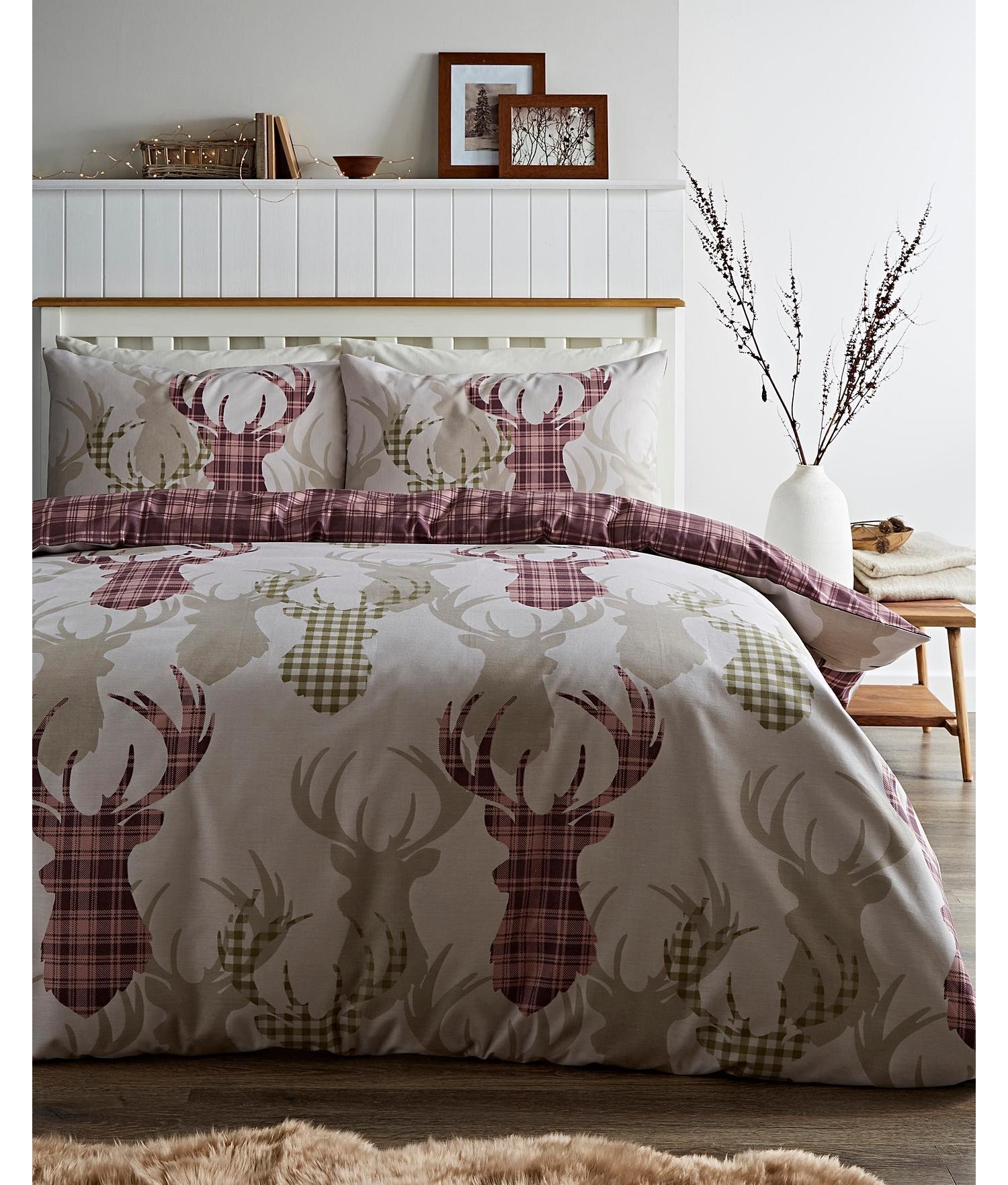 Check Stag Tartan Deer Antlers Bedding duvet cover set with matching pillowcase 
