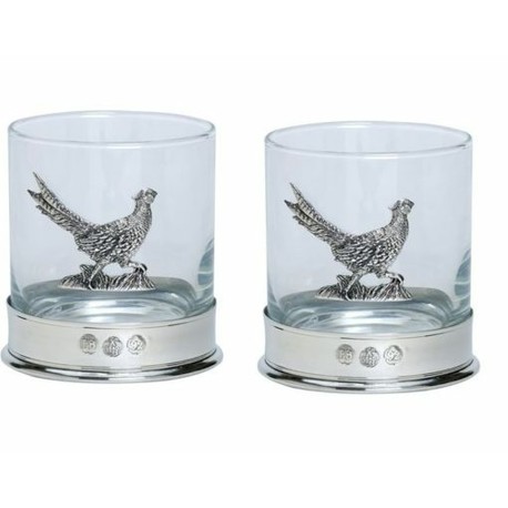 Pair of Walking Pheasant Pewter Whisky Glasses