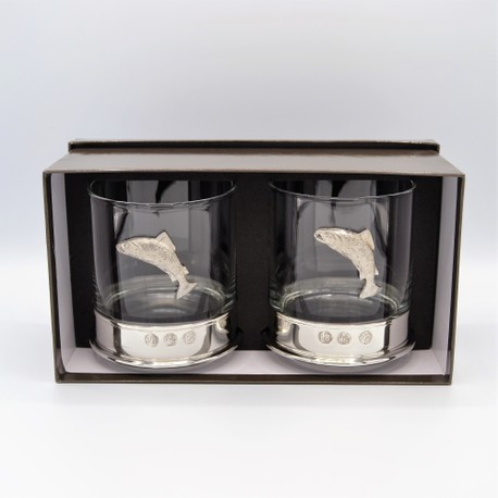 Pair of Salmon Pewter Whisky Glasses
