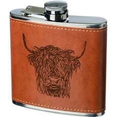 The Just Slate Company Highland Cow Engraved Leather Wrapped Hipflask