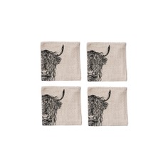 Set of 4 Highland Cow Linen Coasters