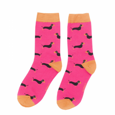 Ladies Black and Tan Dachshund Socks - Hot Pink