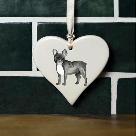 Black French Bulldog Hanging Ceramic Heart