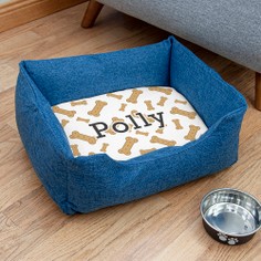 Personalised Blue Dog Bed With Dog Biscuit Design Cushion
