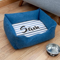 Personalised Blue Dog Bed With Striped Cushion