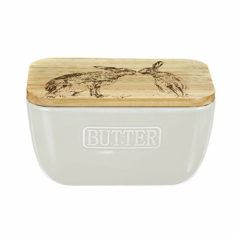 Scottish Made Kissing Hares Oak and Ceramic Butter Dish