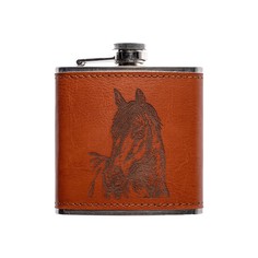 The Just Slate Company Horse Engraved Leather Wrapped Hip Flask