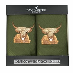 Highland Cow Embroidered Green Cotton Handkerchiefs