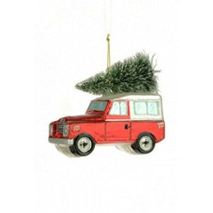 Red Land Rover with Christmas Tree Hanging Bauble
