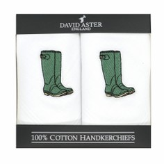 Green Welly Boots Embroidered White Cotton Handkerchiefs