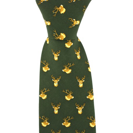 Soprano Green Silk Country Tie with Stag Head Design