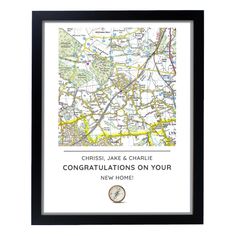 Personalised Present Day Map Compass Black Framed Print alternative