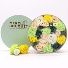 Merci Bouquet Round Spring Celebrations Yellow &amp; Greens Soap Flower Gift Box alternative