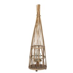 Small Conical Wicker Lantern With Glass Holder &amp; LED Lights