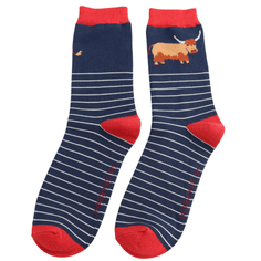 Mr Sparrow Men's Highland Cow &amp; Stripes Socks - Navy