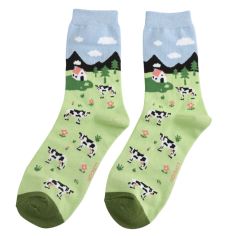 Miss Sparrow Ladies Cows in the Field Socks - Sky Blue