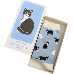 Miss Sparrow Women's Black & White Cat Matchbox Socks