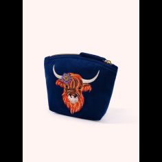 Powder Highland Cow Embroidered Velvet Mini Pouch