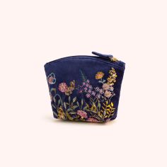 Powder Navy Floral Hedgerow Embroidered Velvet Mini Pouch