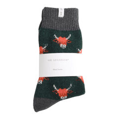 Mr Sparrow Highland Cows Winter Wool Socks Green alternative