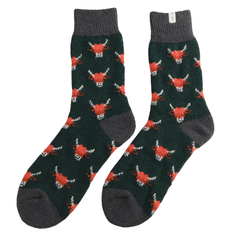 Mr Sparrow Highland Cows Winter Wool Socks Green