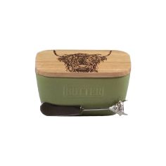 Selbrae House Highland Cow Green Butter Dish & Knife Set