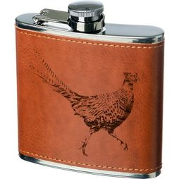 Selbrae House Pheasant Engraved Leather Wrapped Hip Flask