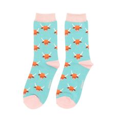 Ladies Highland Cow Duck Egg Blue Socks