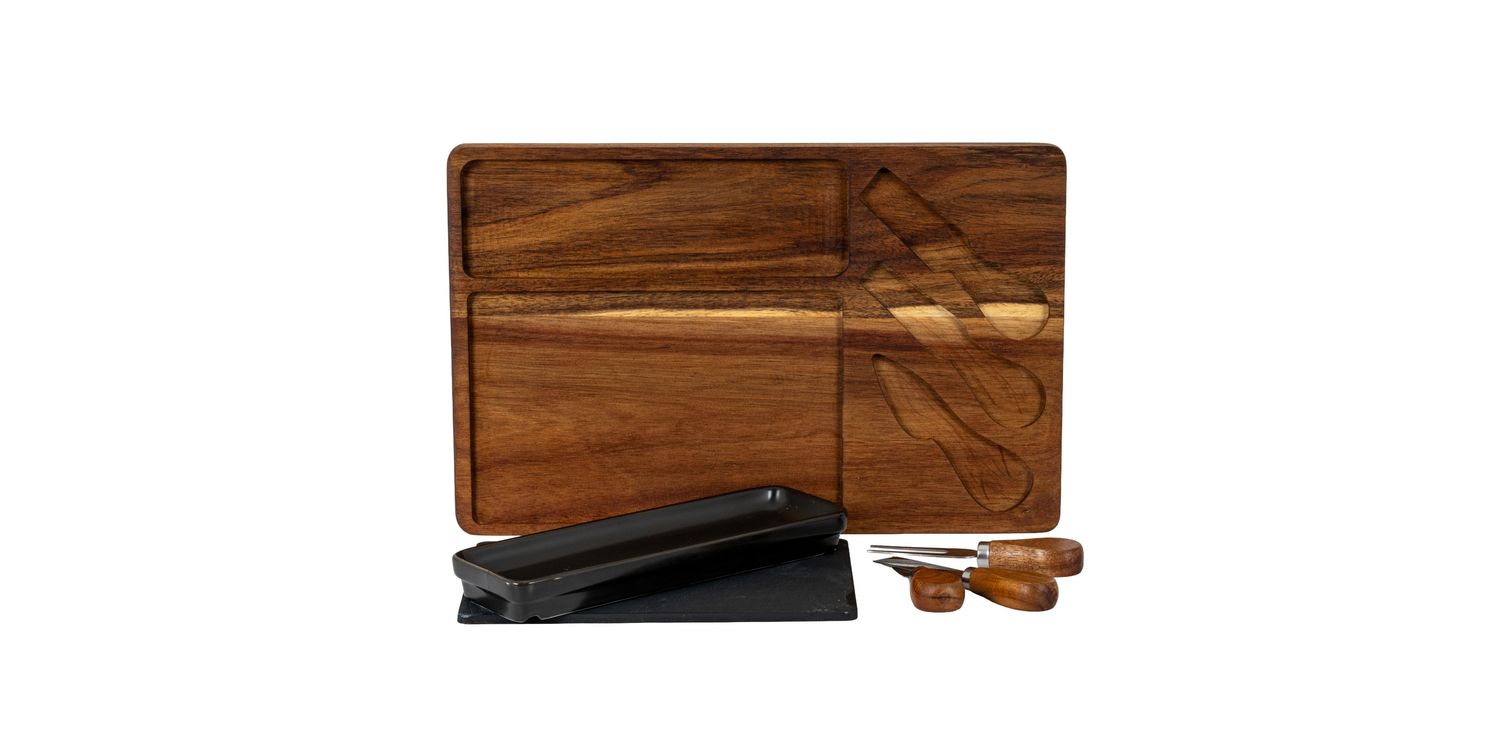 Buy Acacia Cheese Board Set With Grey Bowl, Slate and Cutlery only £28.35
