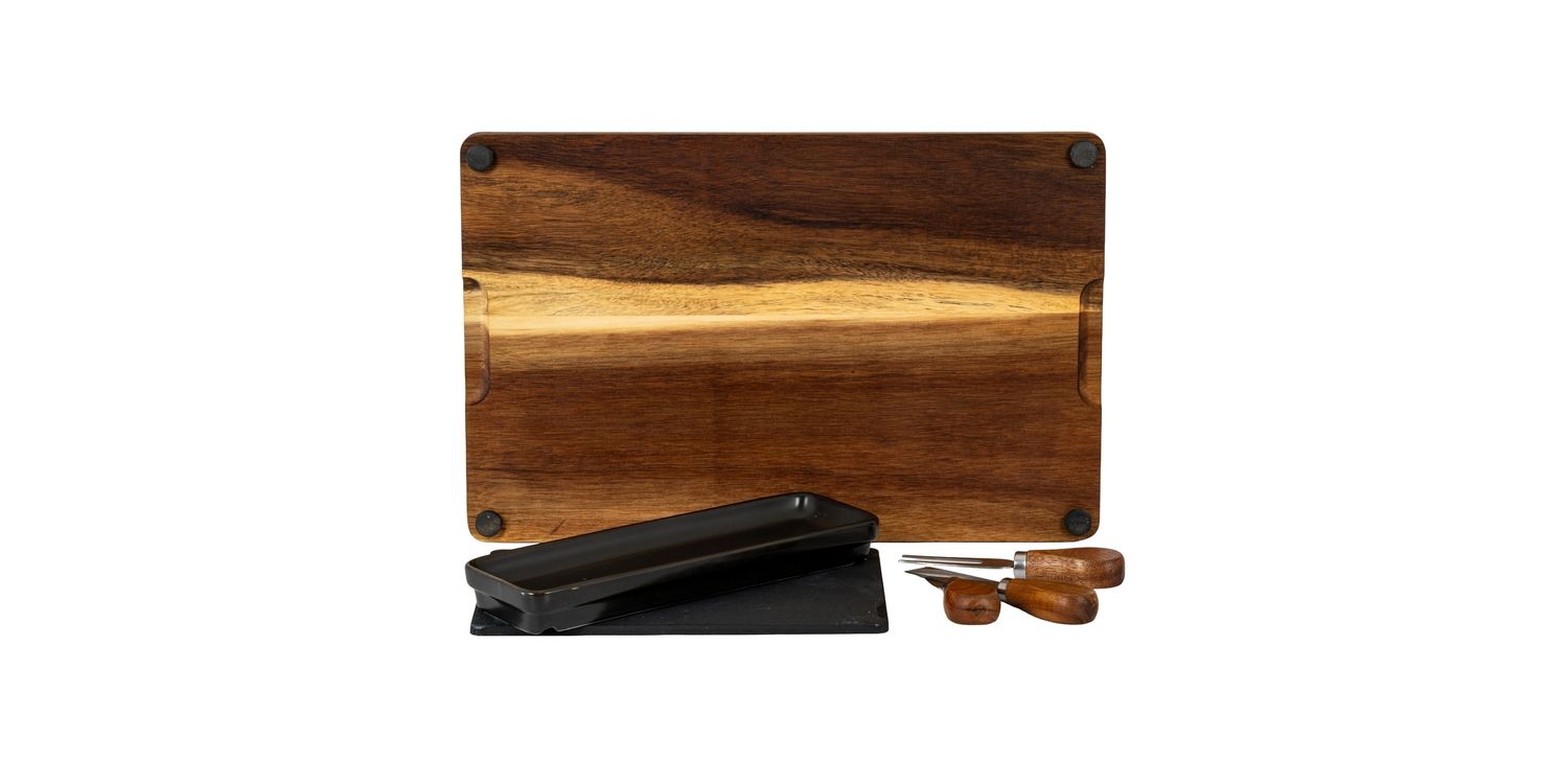 Buy Acacia Cheese Board Set With Grey Bowl, Slate and Cutlery only £28.35