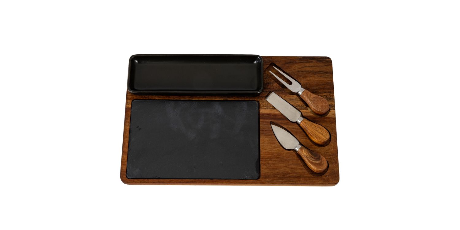 Buy Acacia Cheese Board Set With Grey Bowl, Slate and Cutlery only £28.35