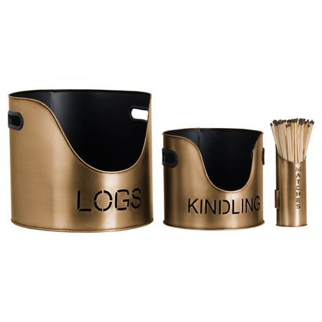 Bronze Finish Logs And Kindling Buckets &amp; Matchstick Holder