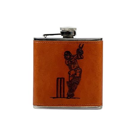 Selbrae House Cricket Engraved Leather Wrapped Hip Flask