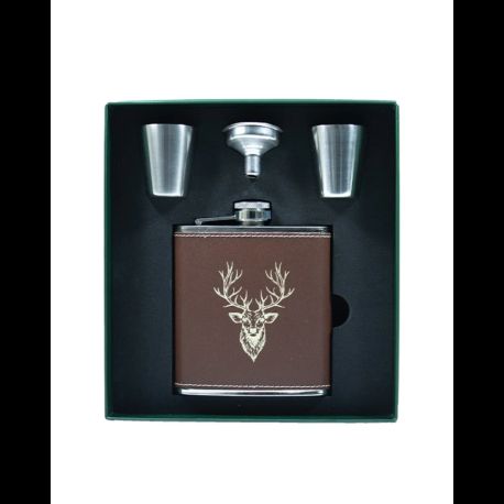 6oz Brown Leather Stag Flask Set