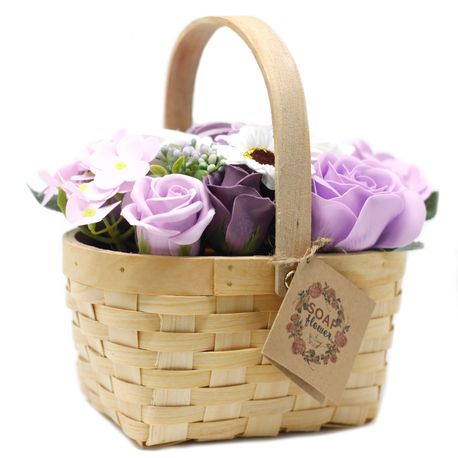 Large Lilac Soap Flower Bouquet in Wicker Basket