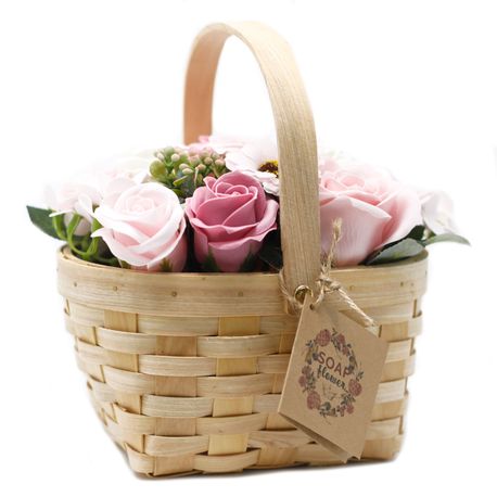 Large Pink Soap Flower Bouquet in Wicker Basket